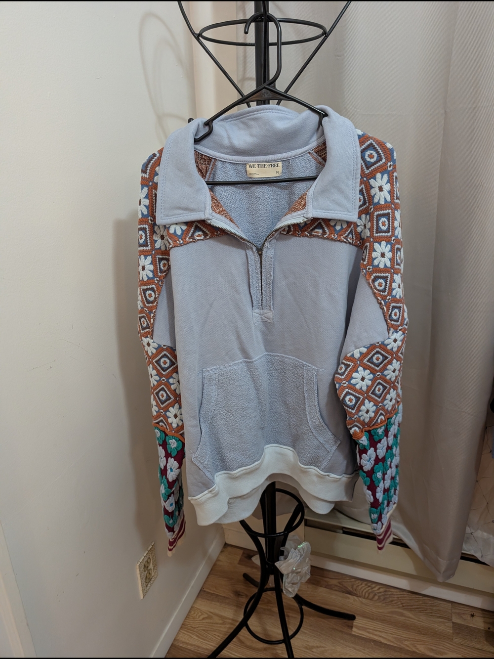 Free People Light Blue Half-Zip Pullover with Patterned Sleeves Size Medium